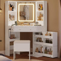 HAUOMS Vanity Desk with Mirror Lights, Storage Bench & Power Outlet, Corner Vanities with Rotating Cabinet & Drawers, 42.5' L Shaped Vanity Set, 3 Light Settings, for Women Girls, Modern White