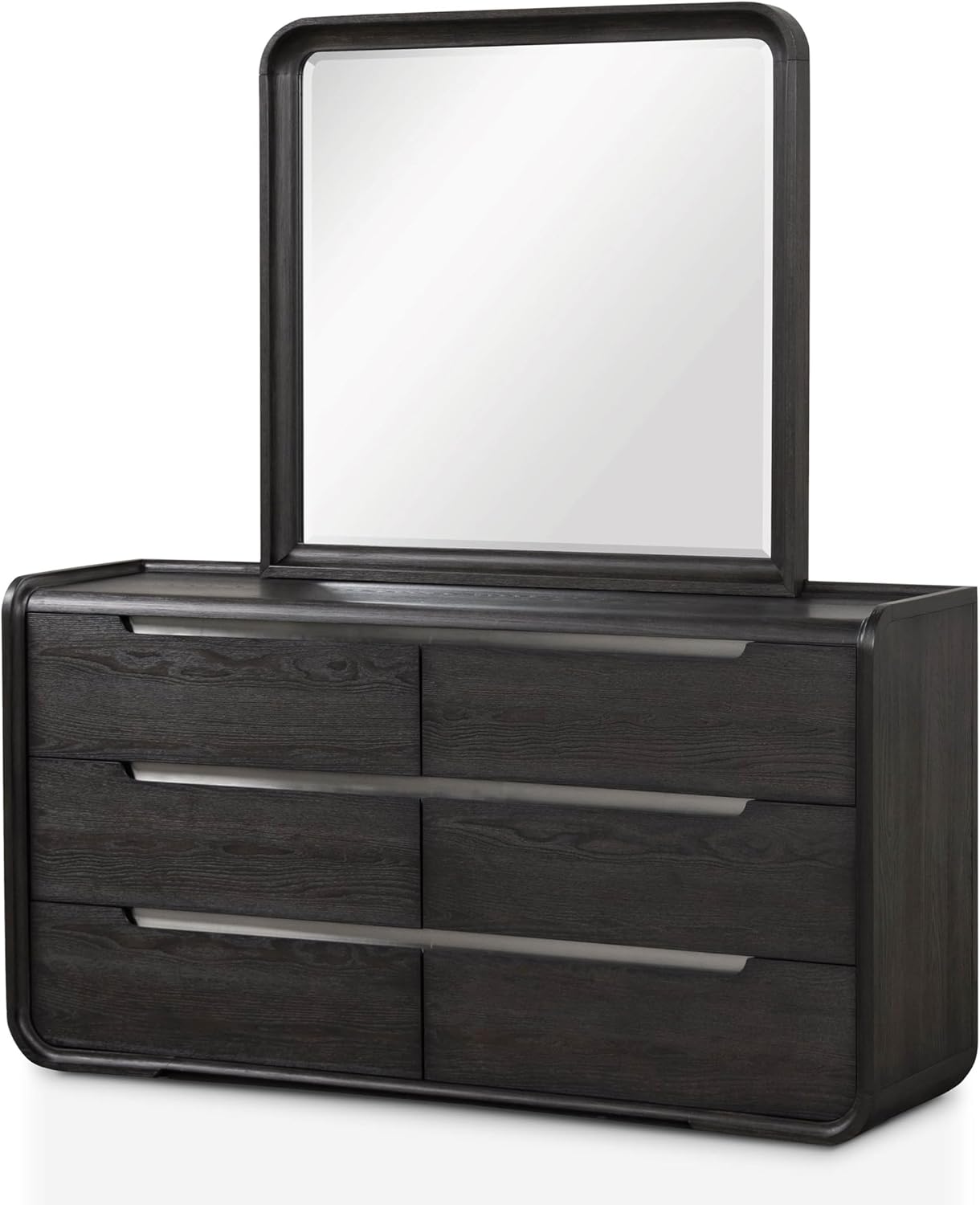 Furniture of America Teada Modern Solid Wood 5-Piece Bedroom Set with Padded Curved Headboard, Oval Nightstand, Felt-Lined Top and UV-Stained Lower Drawers, Box Spring Needed, King, Black