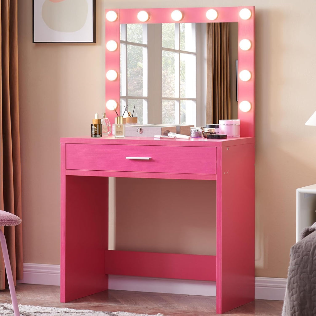 Palimder Vanity Desk with Lamp Bulb Mirror Drawers,Vanity Storage Bench,Makeup Vanities Table for Bedroom,Rose Red