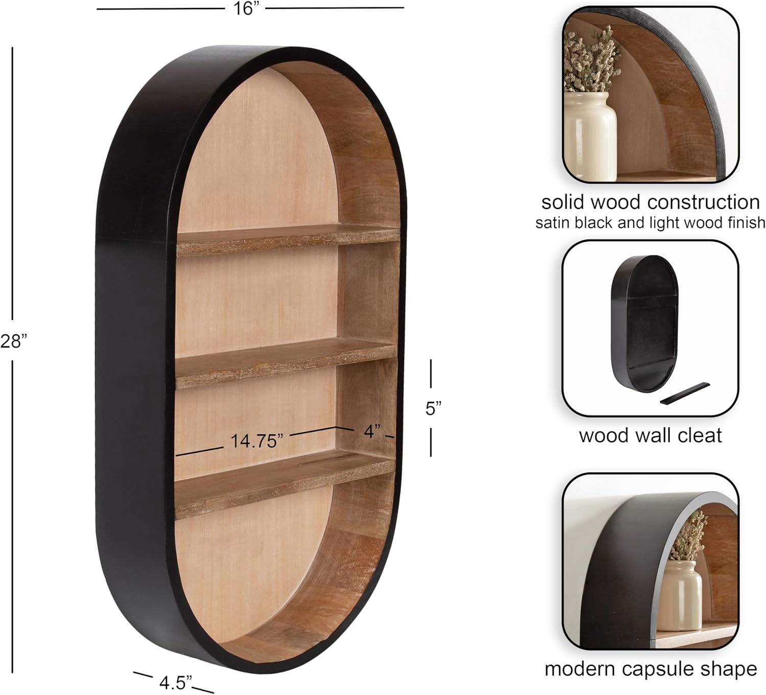 Kate and Laurel Hutton Modern Capsule Wall Shelf, 16 x 28, Light Natural and Black, Minimal Round Oval Wall Shelves for Above Toilet Bathroom Storage or Cute Nursery Shelving