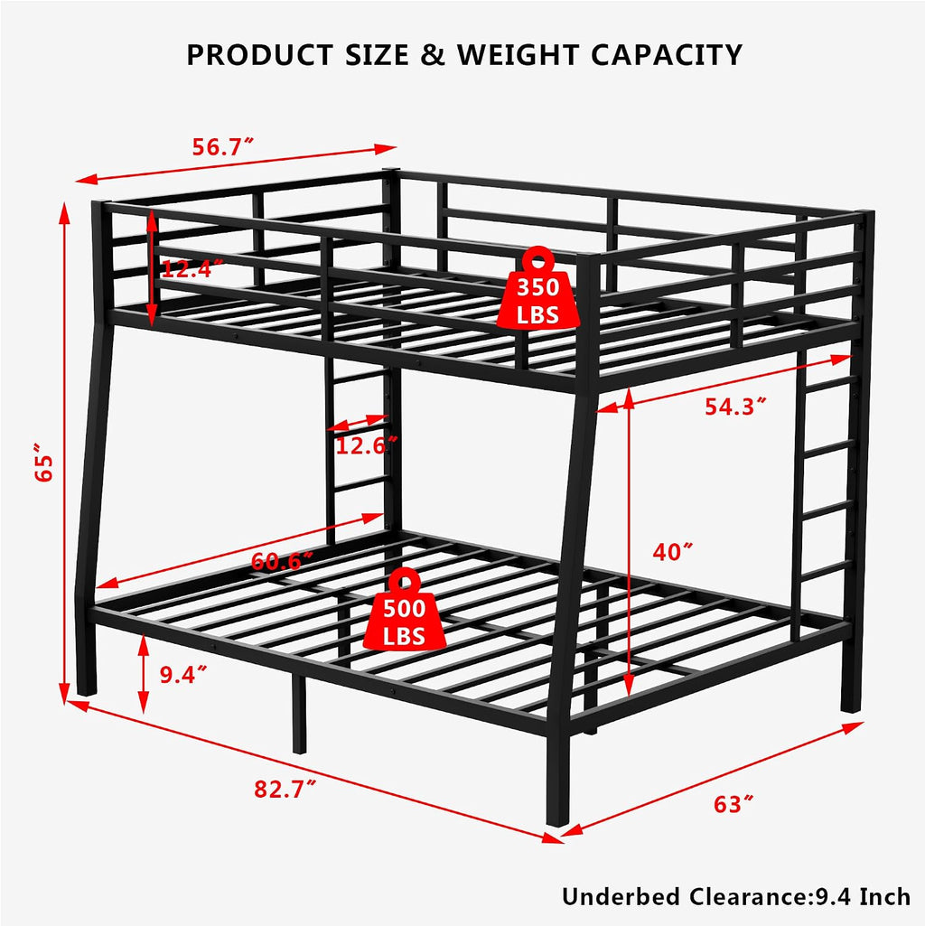 Setawix Metal Full XL Over Queen Bunk Bed,Heavy Duty Queen Bunk Beds for Adults,Industrial Bunkbed with Ladders for Kids,Teens,Boys,Girls,Space Saving,Low Noice (Black, Full XL Over Queen)