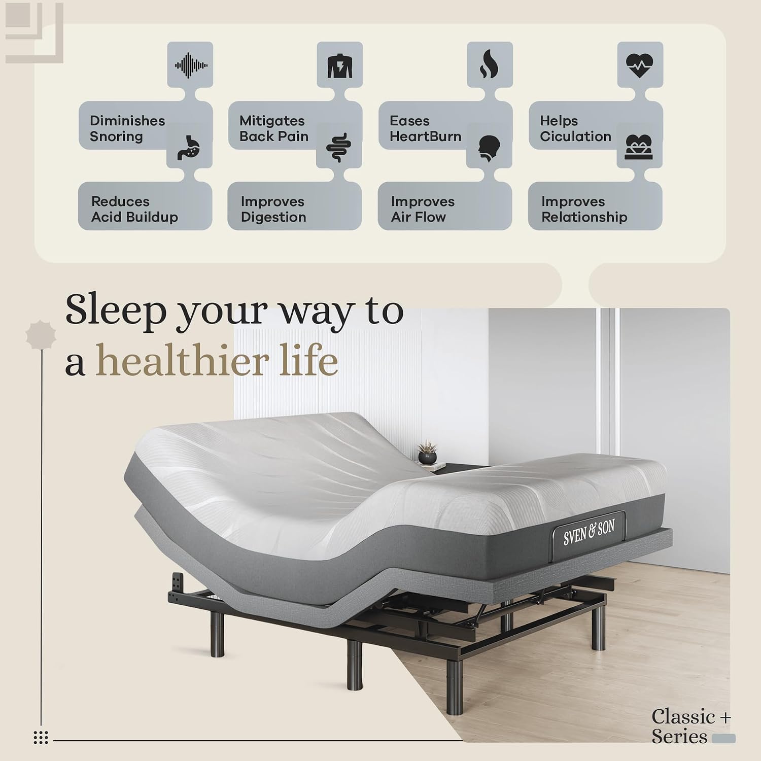 Sven & Son Harmony Adjustable Bed Base, Head and Foot Lift, Massage, Under-Bed Lights, USB, Gel Memory, Zero Gravity Smart Frame - Full + 14 inch Hybrid Spring Matt (Medium Soft)