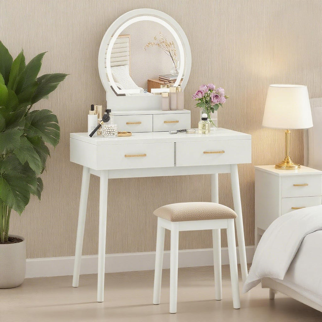 COSTWAY Small Vanity Desk with Mirror and Lights, Makeup Table with 4 Drawers, Vanity Stool, Round Lighted Mirror, 3 Color Modes, Dressing Table Set for Bedroom Small Space (White)