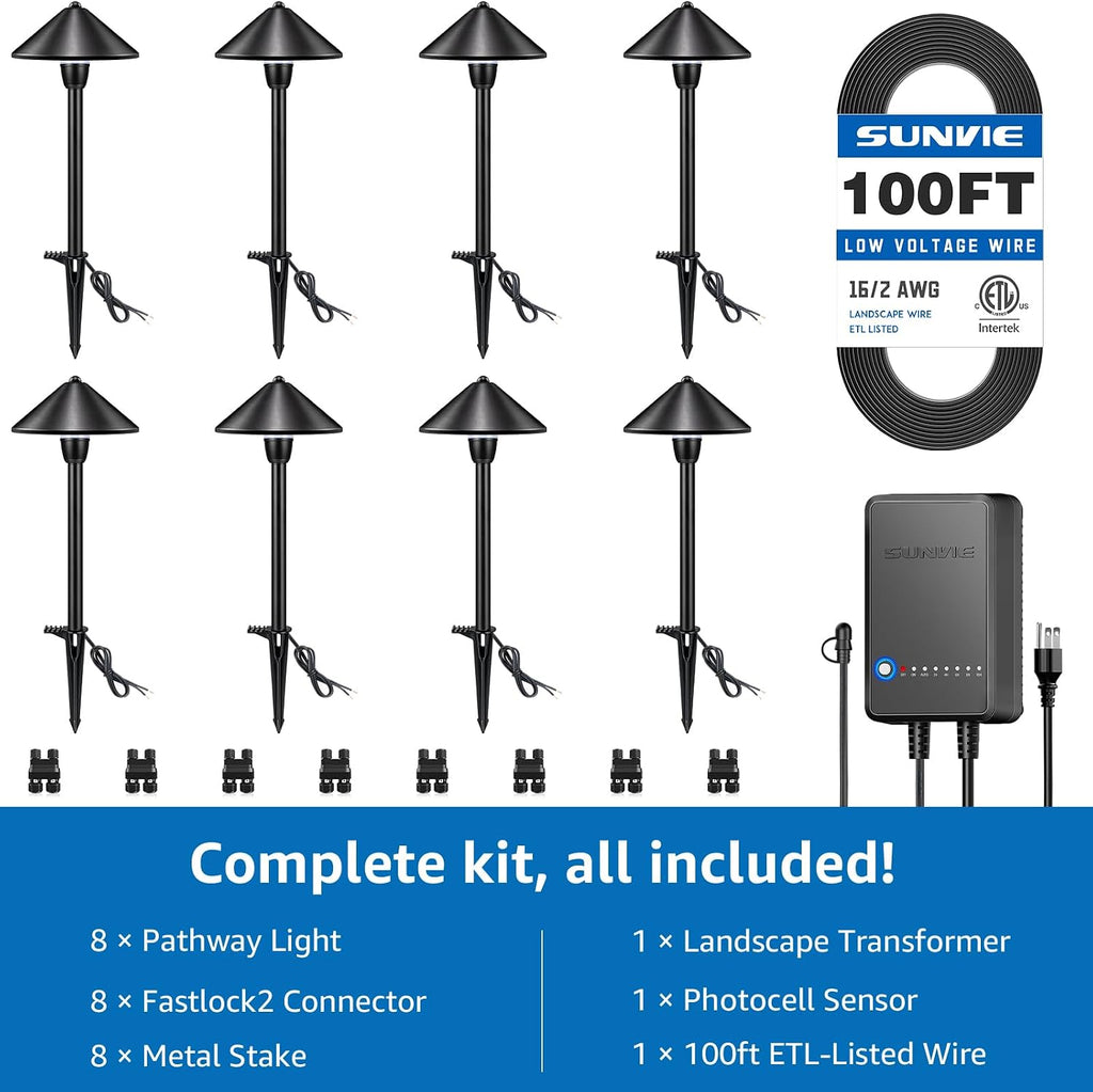 SUNVIE All-In-One LED Low Voltage Landscape Lighting Kit, 8 Pack Pathway Lights with Connector Transformer and 100FT Low Voltage Wire, 3000K Landscape Lighting for Path Walkway Garden Yard