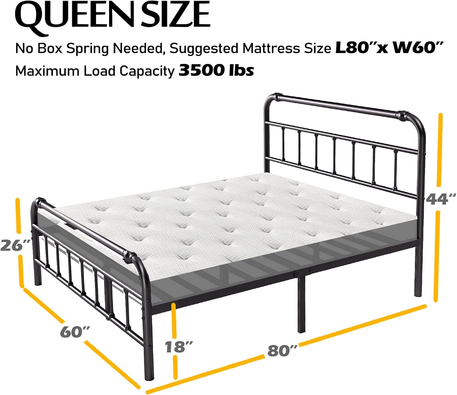 BOSRII Queen Size Bed Frame with Headboard and Footboard, 18 Inches High, 3500 Pounds Heavy Duty Metal Slats Support for Mattress, No Box Spring Needed, Noise-Free, Black