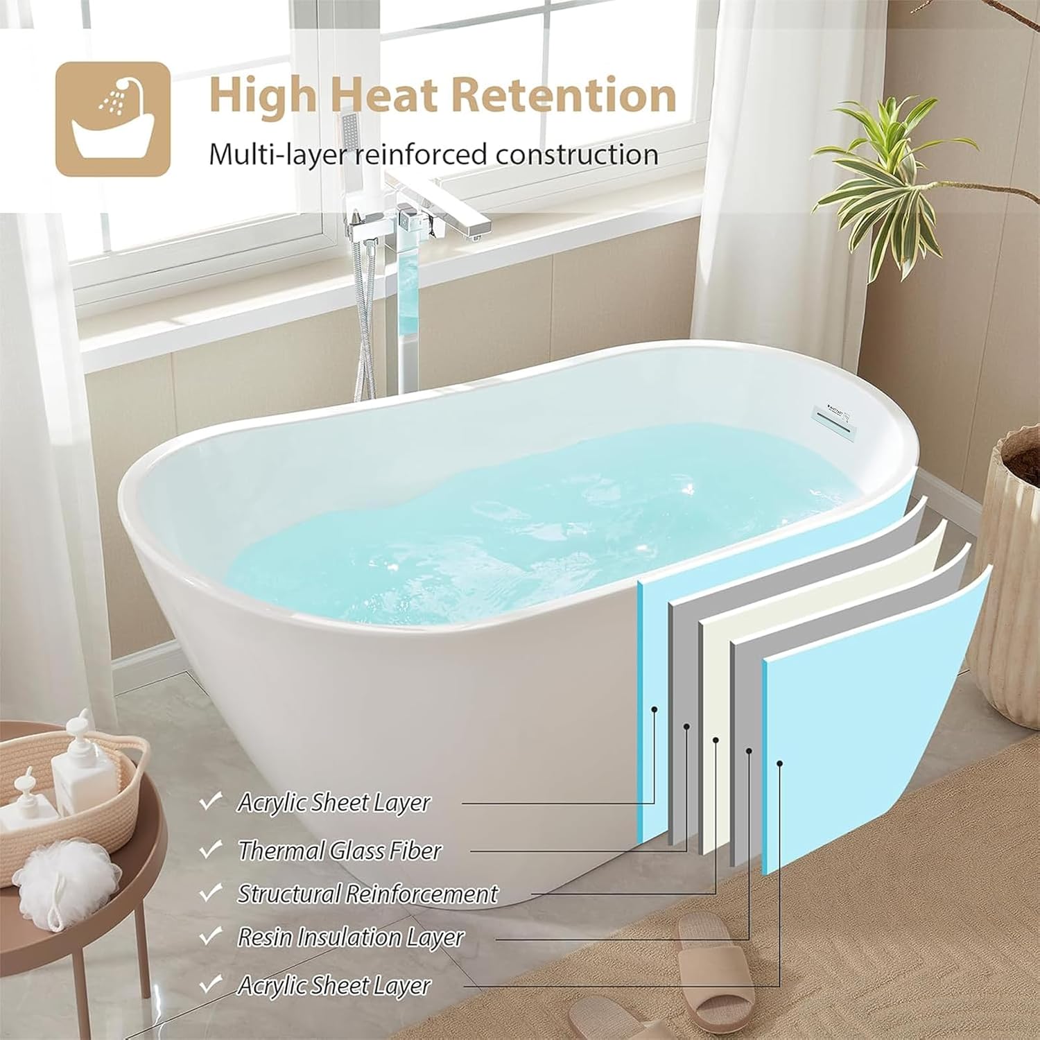 Vanity Art 67 x 31 Inches Freestanding Bathtub White Acrylic Bathtub Modern Stand Alone Soaker Tub with UPC Certified Slotted Overflow and Pop-up Drain for Two Person Bathing