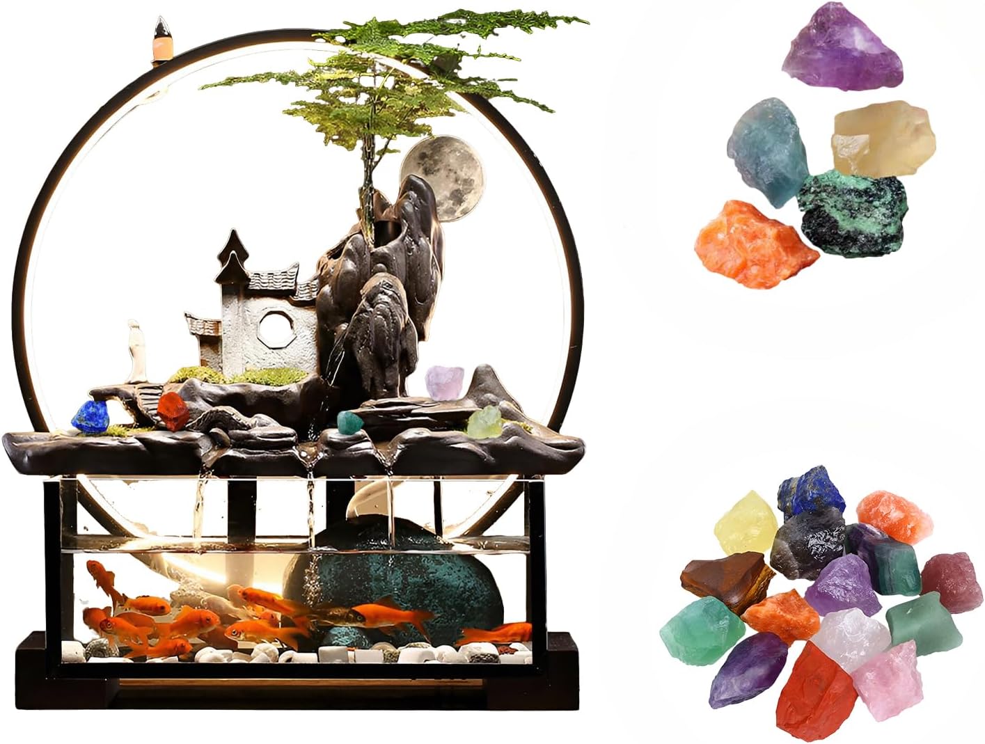 Desktop Ceramic Water Fountain Fish Tank - Adjustable Water Flow with LED Lights | Indoor Decoration Fortune Gifts+15 PCS Free Crystals (Style 2)