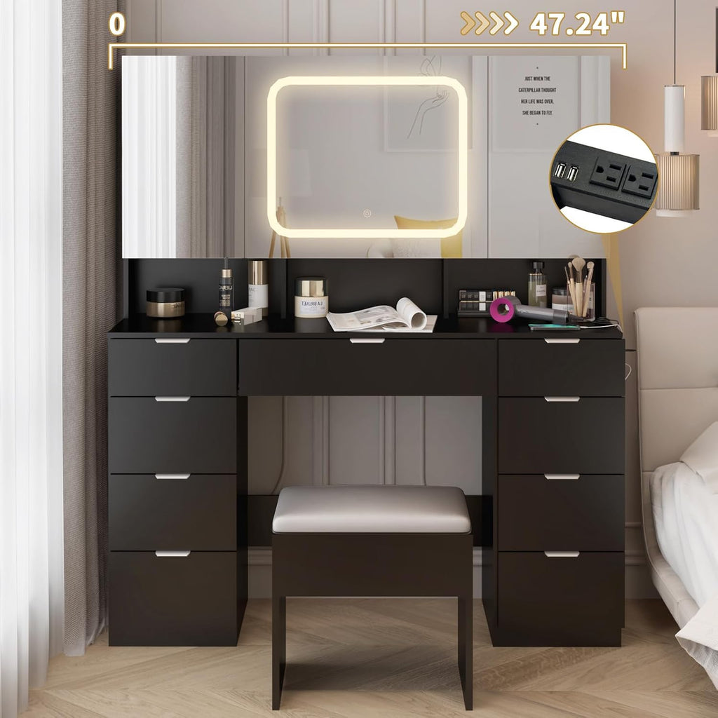 VINGLI 47'' Vanity Desk with LED Lighted Large Mirror & Cushioned Stool, Makeup Set with 3 Mirrored Cabinets & Lighting in 3 Colors & 9 Drawers & Charging Station for Bedroom, Black