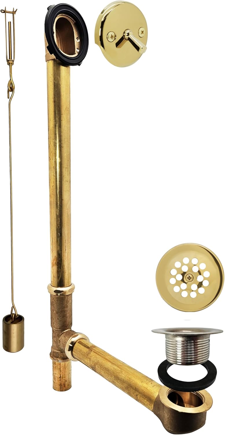Westbrass A324-01 22-1/2' Bath Waste & Overflow Assembly with Trip Lever and Beehive Strainer Grid Drain, Polished Brass