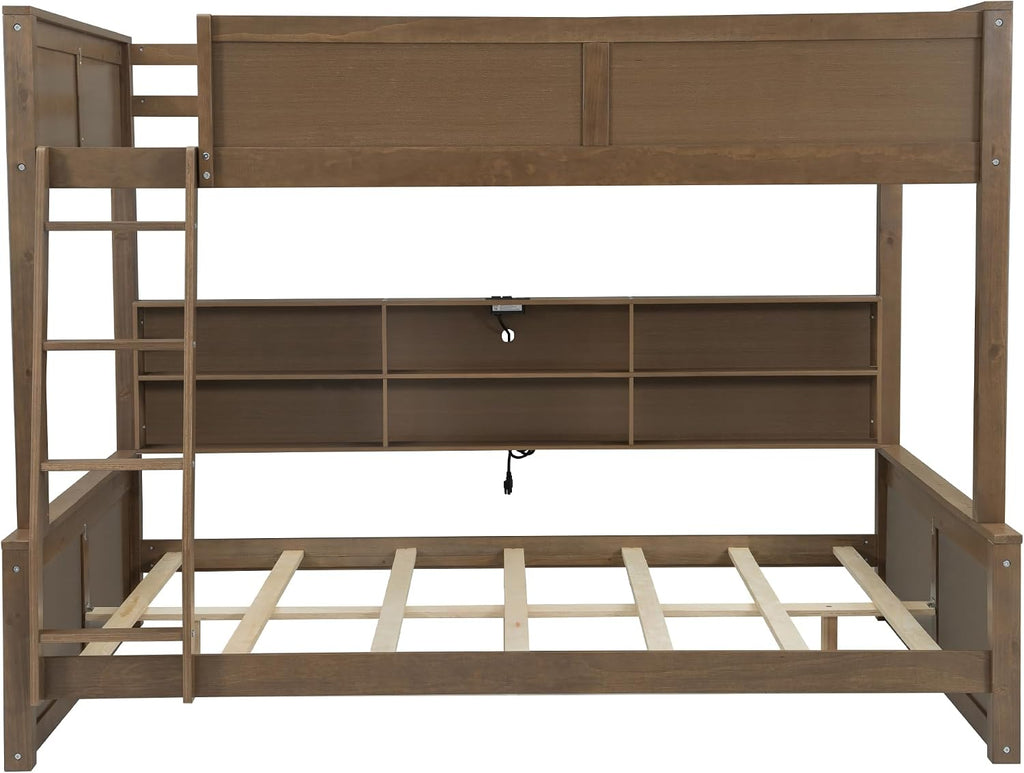Full XL Over Queen Bunk Bed with Storage Cabinets and USB Ports, Solid Pine Wood Frame, Safety Guard Rails, No Box Spring Needed (Wood2, Full XL Over Queen)