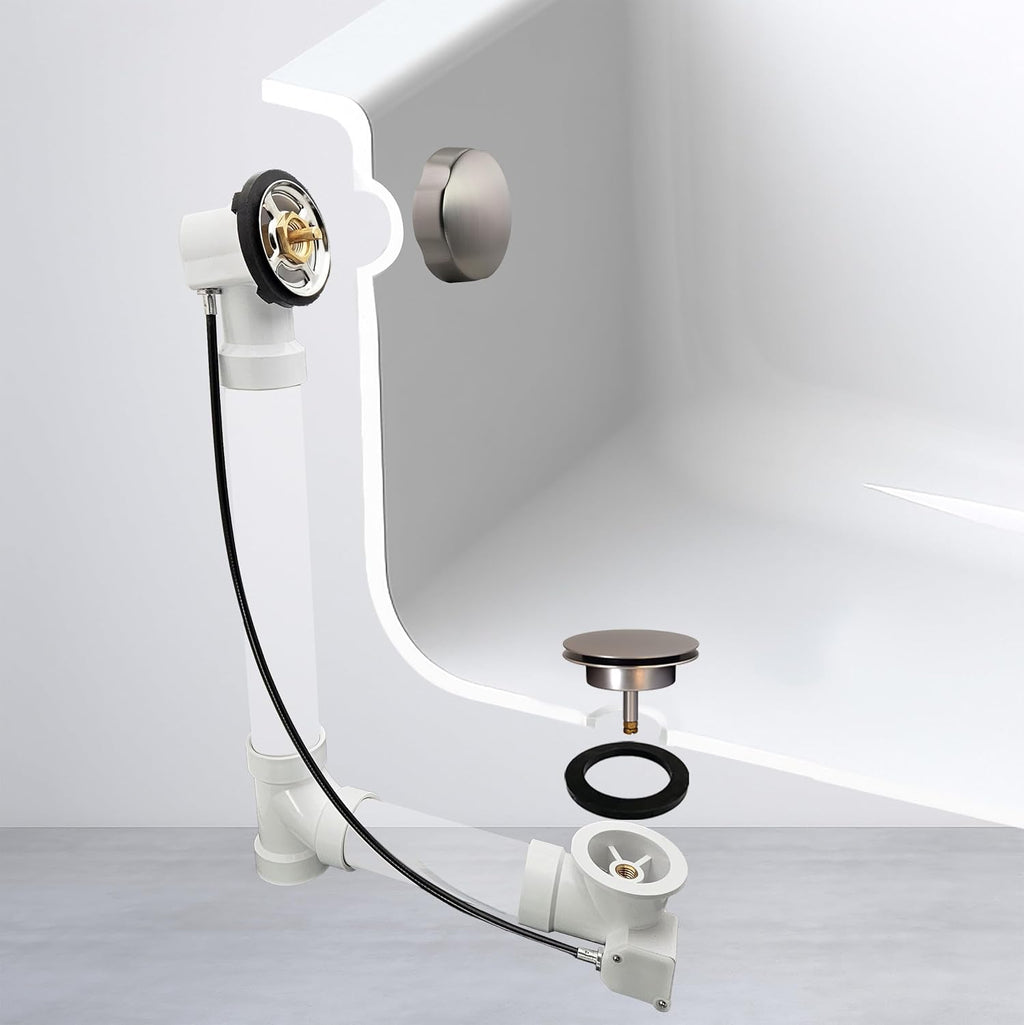 Westbrass A50P45-07 45' SCH. 40 PVC Cable Driven Bath Drain Trim Kit with Rotary Overflow Cover Knob and Pop-Up Stopper, Satin Nickel