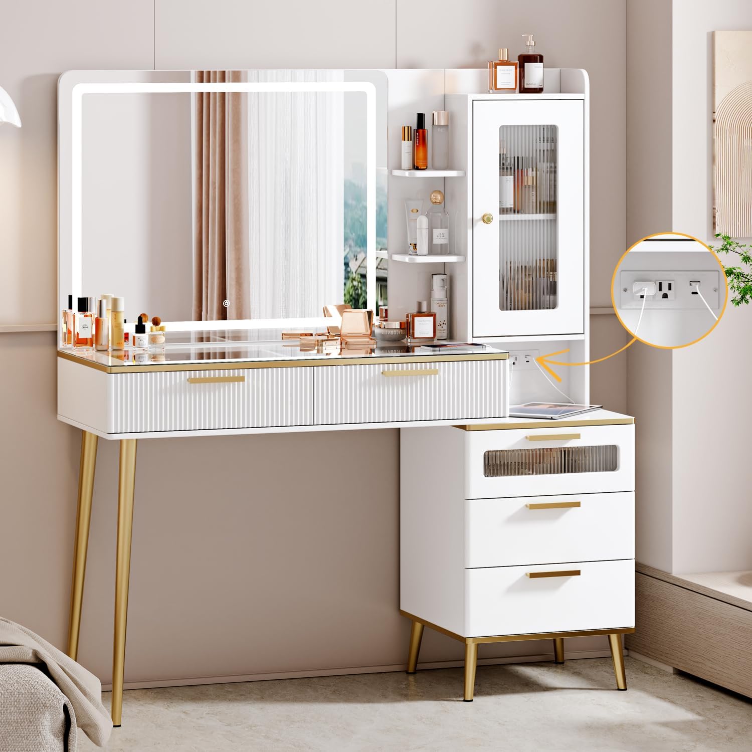 Arulvmrn Vanity Desk with 29.53' HD Lighted Mirror, 47.24' Big Modern Vanity Desk with Mirror and Lights, Makeup Vanity with 5 Drawers and Storage Shelves and Charging Station, White