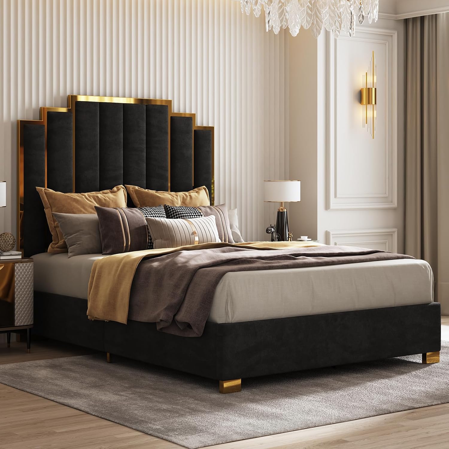 AMERLIFE Queen Size Upholstered Bed, Modern Velvet Bed Frame with 61.4' Tall Gold Trim Headboard, No Box Spring Needed, Black
