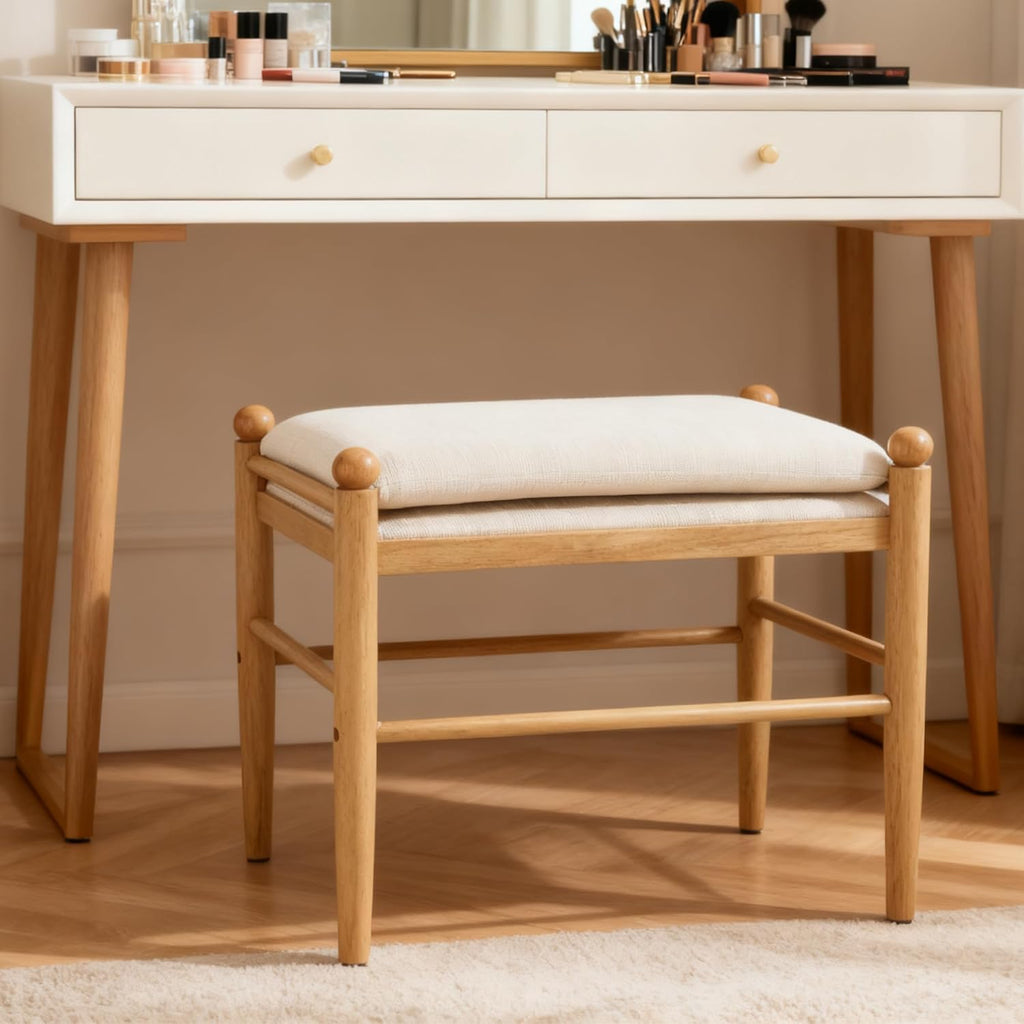 Ottoman Footrest, 19 Inch Upholstered Vanity Bench Seat, Backless Makeup Stool with Solid Wood Legs for Dining Room/Bedroom/Living Room/Entryway,Brown Frame/Beige Linen