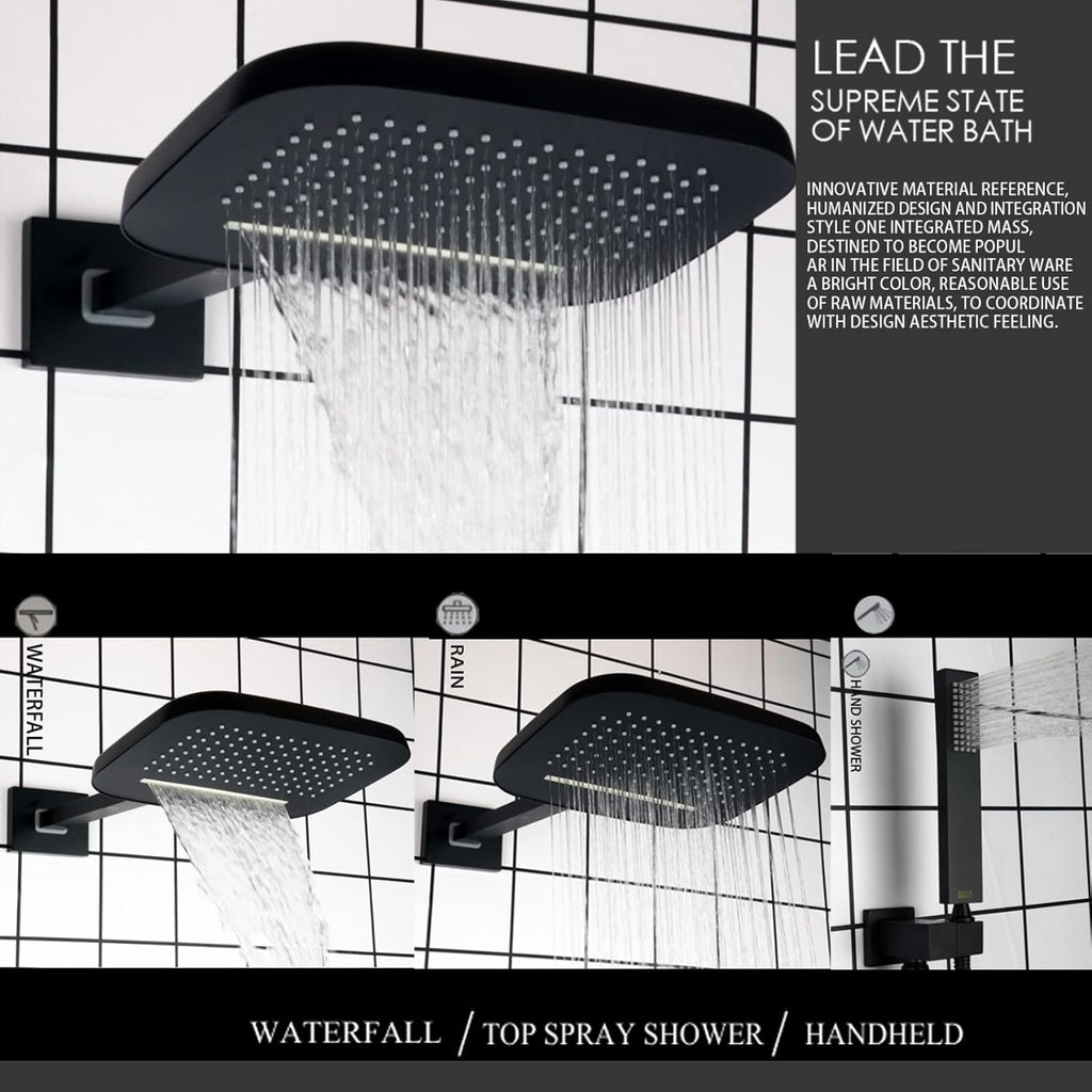 Shower Jets System With Waterfall Rain Shower Head and Handheld (Can Use All Options at A Time), cUPC Certificatin Thermostatic Shower Faucet Fixture Set (Matte Black)