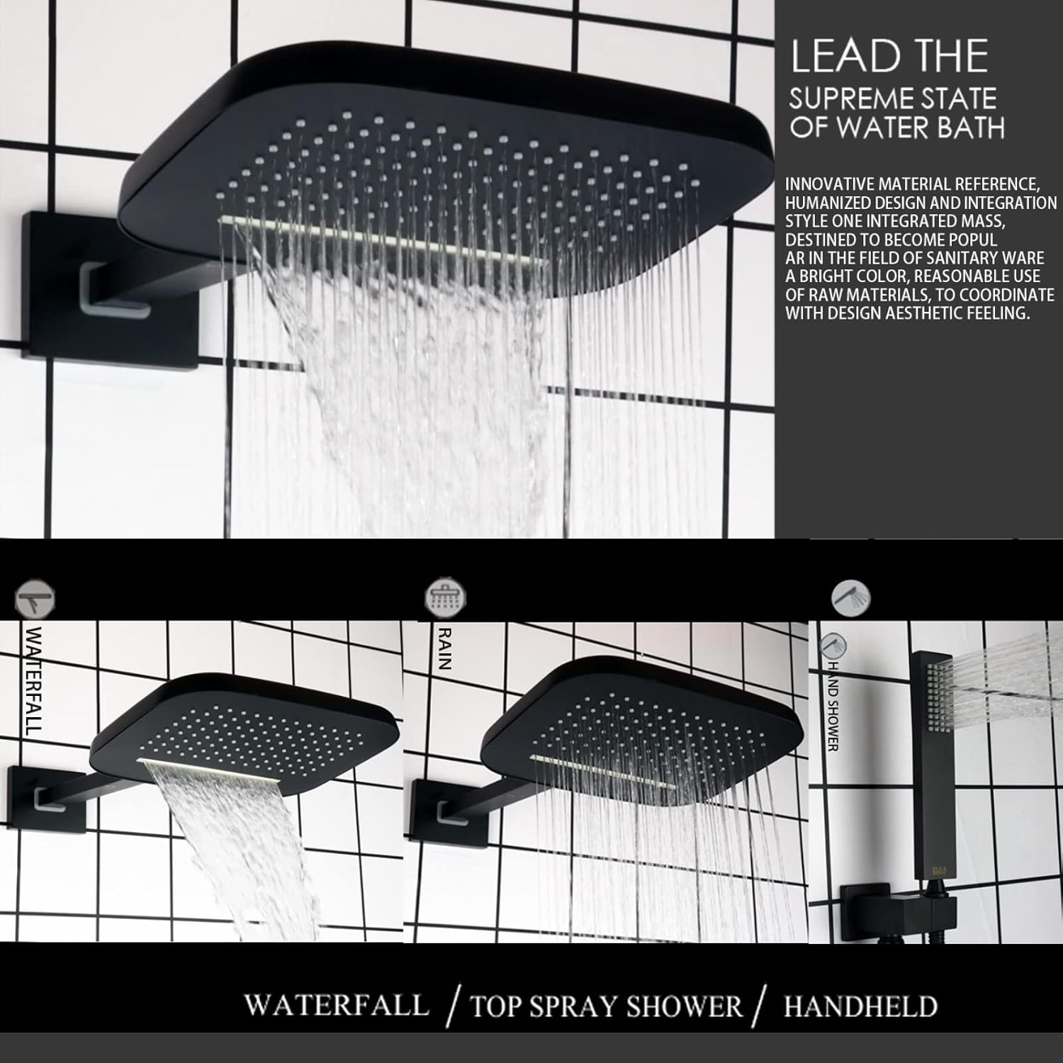 Shower Jets System With Waterfall Rain Shower Head and Handheld (Can Use All Options at A Time), cUPC Certificatin Thermostatic Shower Faucet Fixture Set (Matte Black)