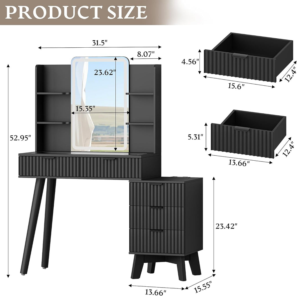 Vanity Desk With HD Lighted Mirror and Lights, Fluted Small Makeup Vanity with Storage Drawers & Shelves, Modern Dressing Table Set with Power Outlet & Glass Table Top for Women Girls Bedroom, Black