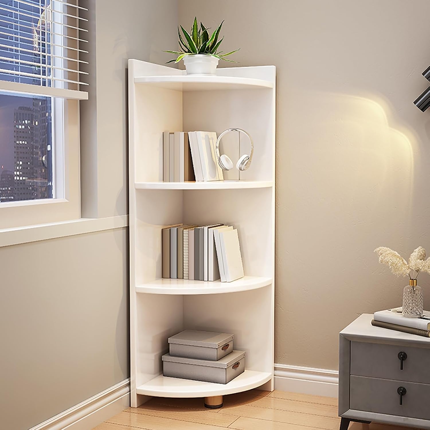 Curved Corner Storage Shelf, 4/5 Tier Wood Corner Bookshelf, Tall Freestanding Bookcase, Small Corner Shelf Counter Organizer Rack, Corner Table for Countertop Bathroom ( Color : White , Size : 3 tier