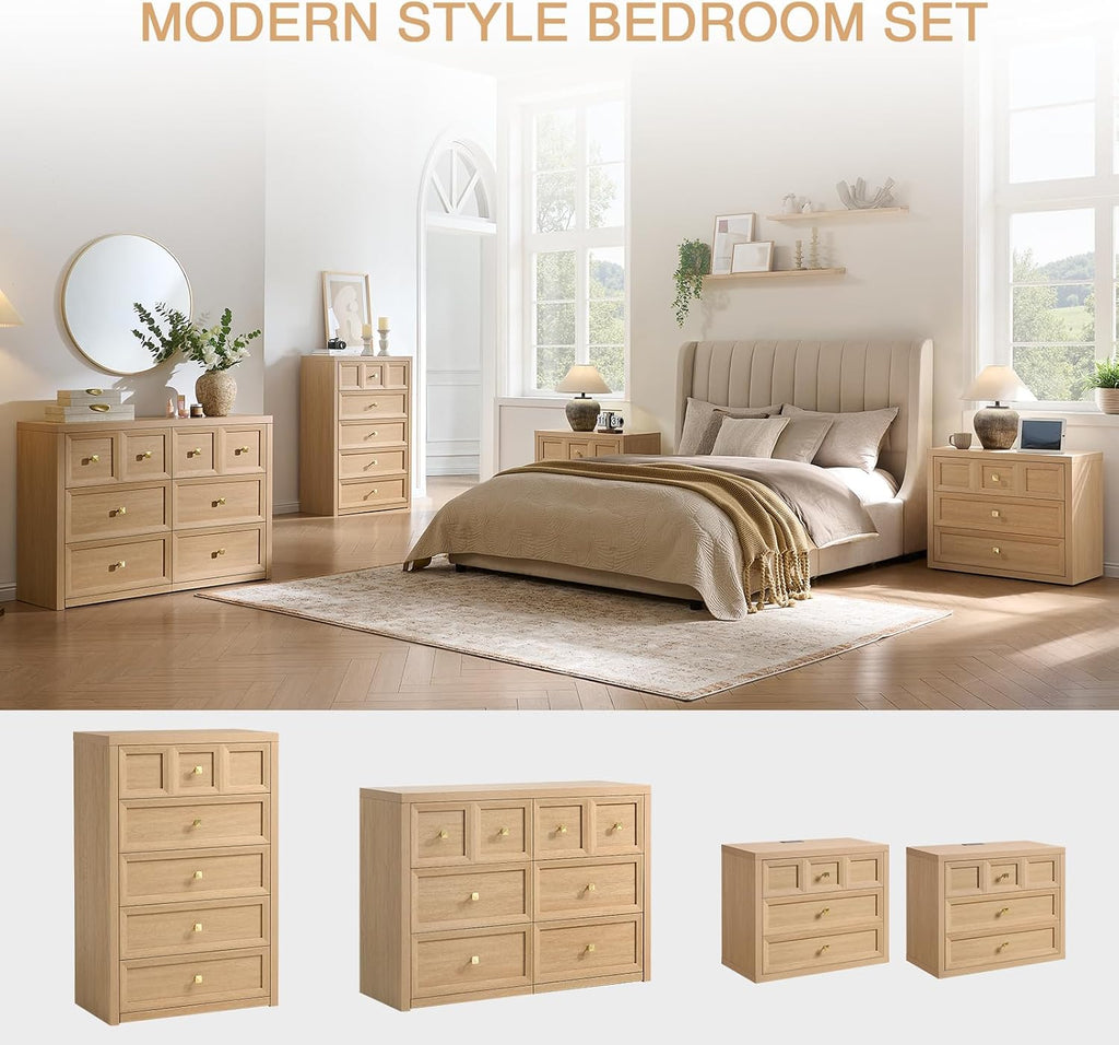 3-Piece Bedroom Set, 6 Drawer Dresser and 3 Drawer King Size Nightstands Set of 2 with Charging Station, 3 Piece Farmhouse Wood Bedroom Dresser and Nightstand Sets,Natural