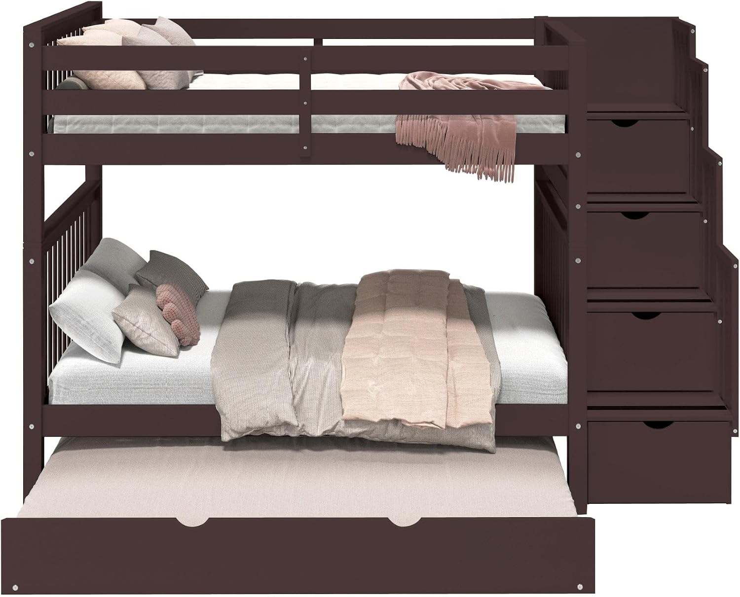 Bedz King Stairway Bunk Beds Full Over Full with 4 Drawers in the Steps and a Full Trundle, Dark Cherry