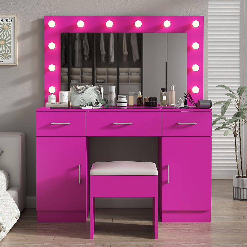VINGLI Vanity Desk with LED Lighted Mirror & Padded Stool, Makeup Table with Drawers & Cabinets & Power Outlet & Glass Top & 12 Light Bulbs with 3 Colors for Dressing Room Bedroom, Bright Pink