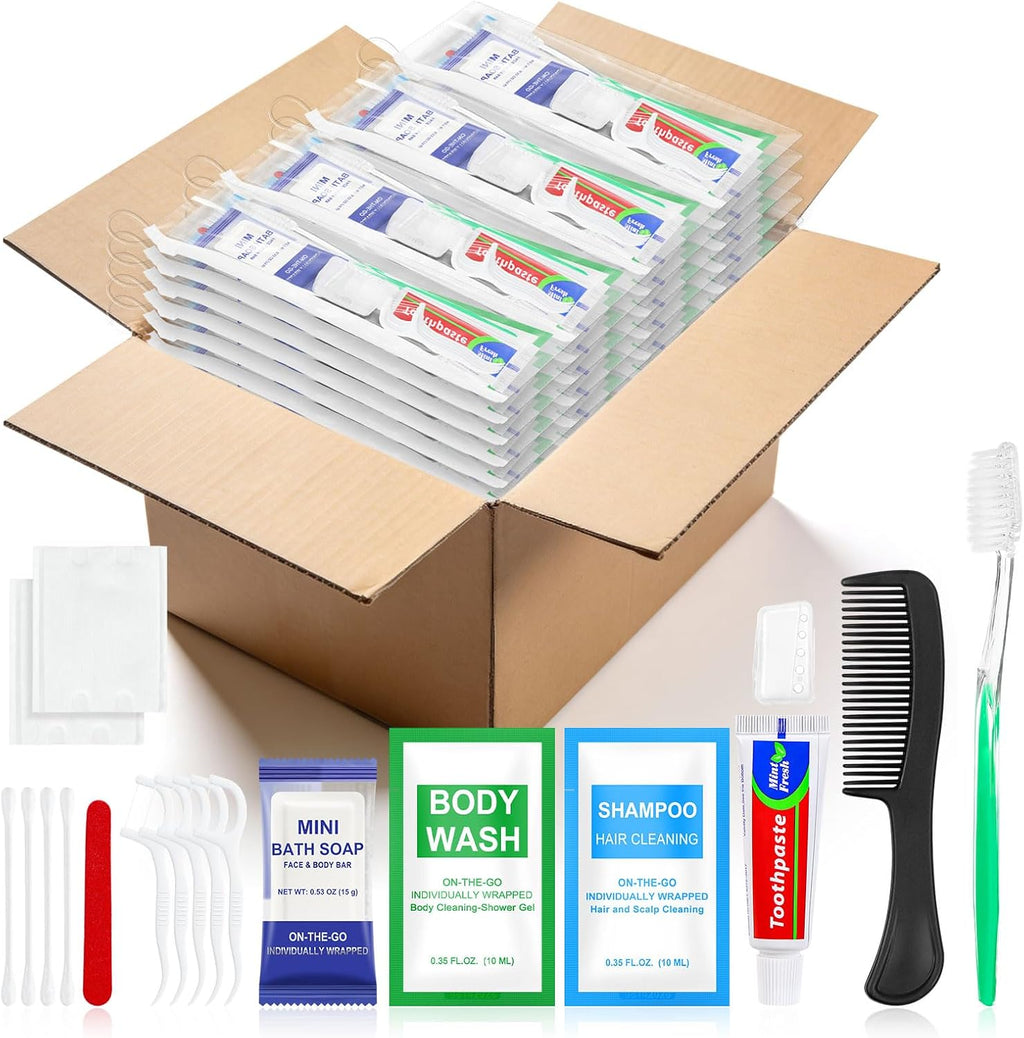 100 Sets Personal Hygiene Kit Bulk,10-IN-1 Green Individually Wrapped Disposable Travel Toothbrushes and Hotel Vanity Set Basic Toiletry Supplies for Homeless,Guests,Charity