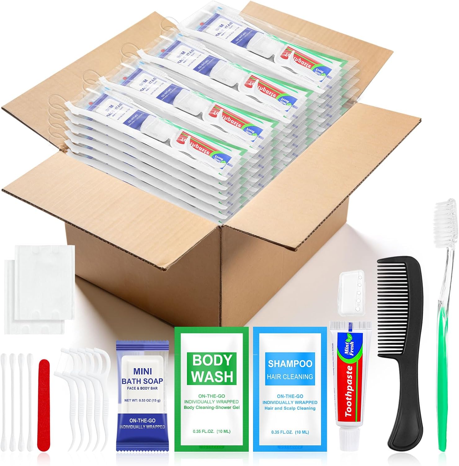 100 Sets Personal Hygiene Kit Bulk,10-IN-1 Green Individually Wrapped Disposable Travel Toothbrushes and Hotel Vanity Set Basic Toiletry Supplies for Homeless,Guests,Charity