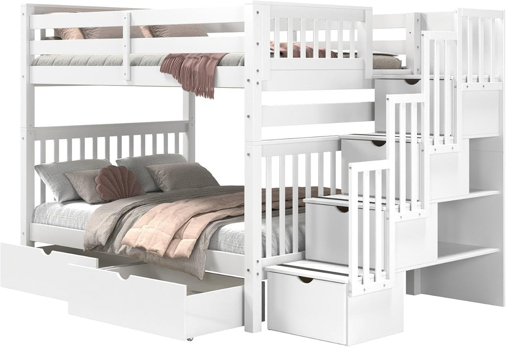 Bedz King Stairway Bunk Beds Full Over Full, 4 Step Drawers, 2 Storage Drawers, White