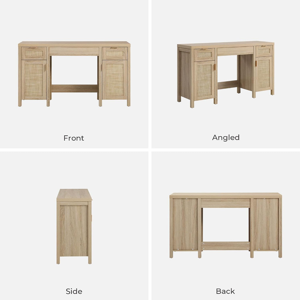 SICOTAS 52' Rattan Vanity Desk with Storage, Boho Farmhouse Makeup Dressing Table with 3 Drawers & 2 Cabinets, Wooden Home Office Desk for Bedroom, Light Oak