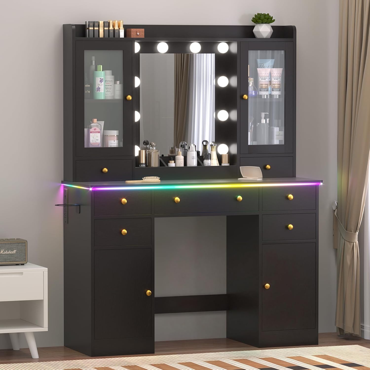 Wodeer Vanity Desk with Mirror and Lights, 43' Black Makeup Vanity Set with 5 Drawers & Glass Cabinets, Power Outlet, Adjustable LED Lights & Makeup Tray, Dressing Table for Women & Girls Bedroom