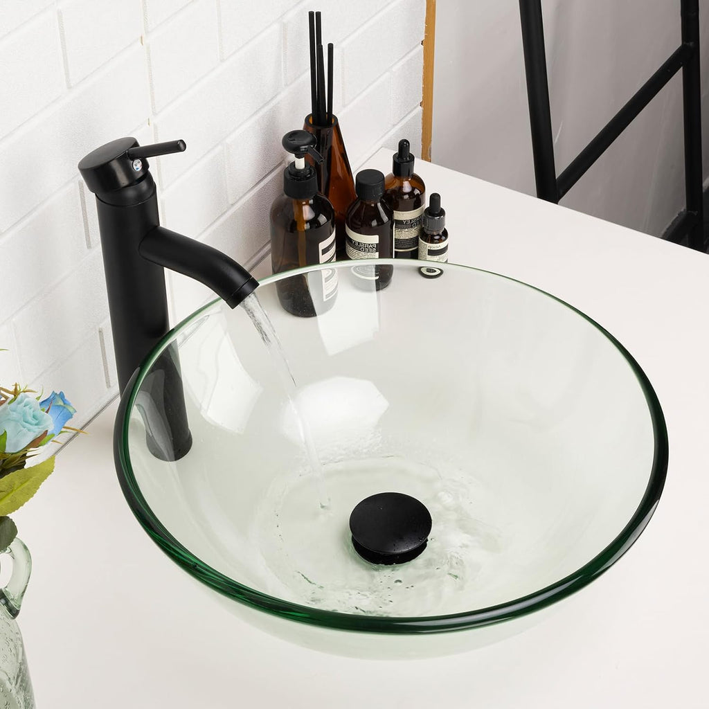 Design Vessel Sink Bathroom Sink above counter Small Vessel Sink Bathroom Sink Bowl Countertop Modern Sinks with faucet and drain combo 16.5' Round Transparent New