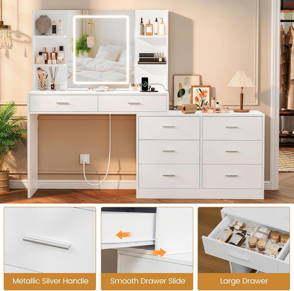 Quimoo Vanity Desk with LED Lighted Mirror & Power Outlet, Modern Corner Makeup Vanity Table with 8 Drawers & Open Shelves, Dressing Table for Bedroom, Makeup Room, White