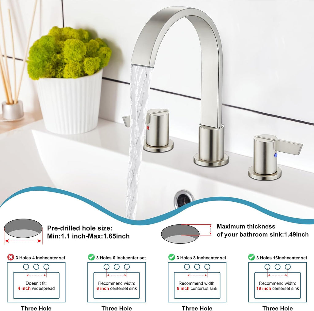 Midanya Brushed Nickel Morden Widespread Bathroom Faucet 3 Holes 2 Handles 8 Inch Vanity Faucet with 10 Inch Brushed Nickel Rain Shower Set Square Rainfall Shower Head Wall Mount Shower Faucet System