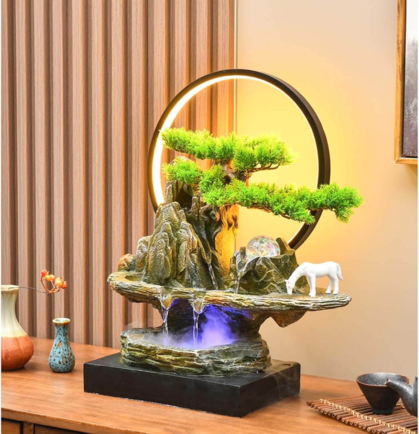 Tabletop Water Fountain Tabletop Water Fountain Rock Falls Fountains Indoor Waterfall Fountain Tabletop Fountains Chinese Artificial Bonsai Interior Decorations with LED Light Indoor Fountain(Small)