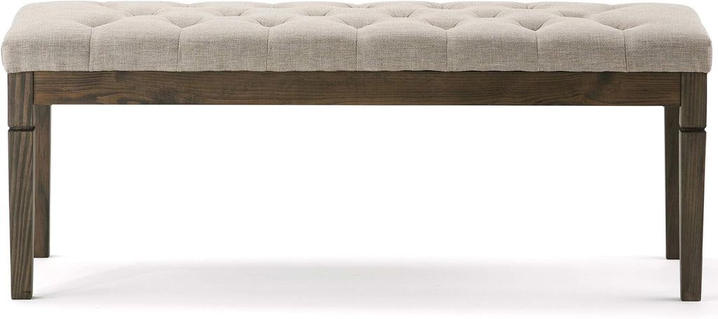 SIMPLIHOME Waverly Tufted Ottoman Bench - 48 inch Wide Upholstered Linen Look Fabric Rectangle Footstool Ottoman in Natural, Traditional Bench for Bedroom, Entryway or Living Room with Carved Legs