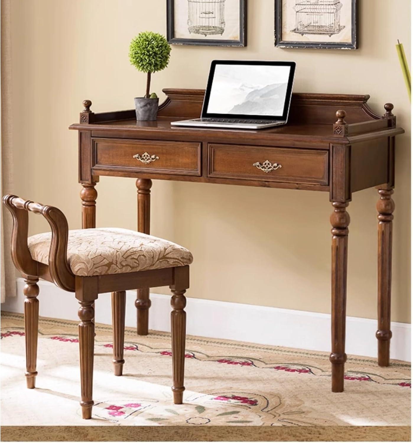 Solid wood Vanity Bench Stool,low back makeup Chair with PaddedCushion Ottoman Bench,American vintage makeup stool, solid wood carved legs piano stool for bedroom, living room, bathroom, beauty salon