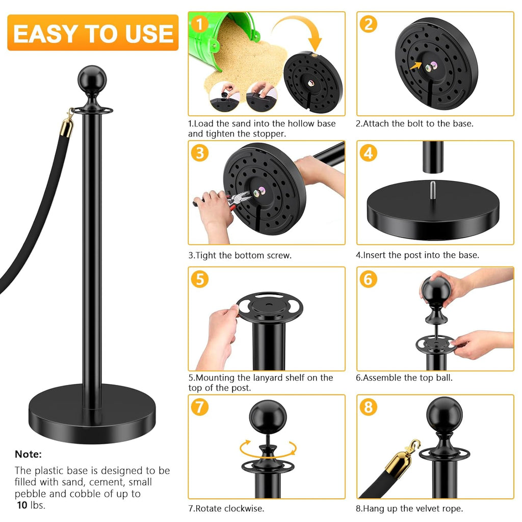 LOVMOR 12Pcs Black Stanchion Posts Queue with 8pcs Black Velvet Rope, Crowd Control Barriers Queue Line Rope, Crowd Control Stanchion for Party Supplies