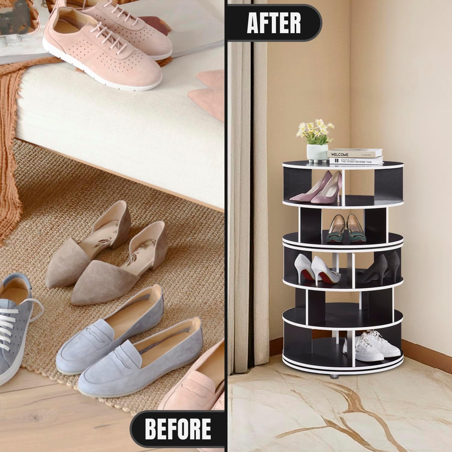Kings Brand Furniture - 5-Tier Rotating Shoe Rack, 360° Revolving Lazy Susan Spinning Shoe Rack Tower Storage Organizer for Closet Entryway Bedroom Hallway, Black