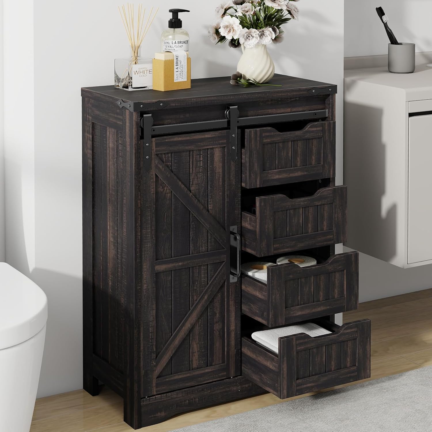Halitaa Farmhouse Bathroom Floor Storage Cabinet with 4 Drawers, Bathroom Cabinet with Sliding Door, Rustic Storage Organizer for Kitchen, Living Room, Rustic Style, Black Oak