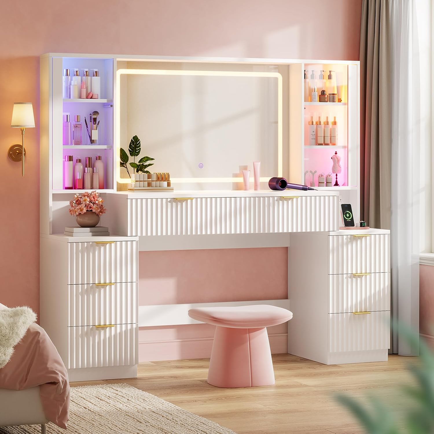 HAUOMS Big Vanity, Fluted Wood Makeup Vanity Desk with Mirror and Sound Sync LED Lights, Large Vanity Dressing Table, 8 Drawers, Charging Station for Girls, Women (White, 59.1' Width)