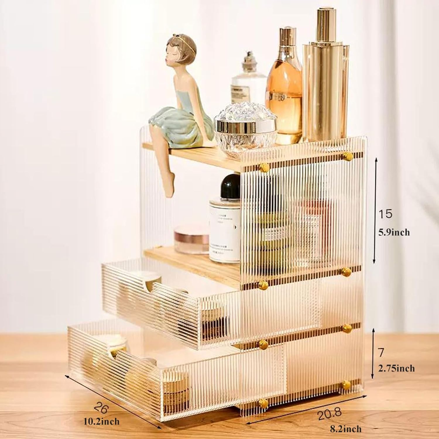 Makeup Storage Box Acrylic Makeup Organizer for Vanity, Multi-function Desk Organizer with 2 Drawers and Storage Cabinet,Clear Bathroom Organizer Countertop for Cosmetics,Lipsticks,Jewelry,Nail Care,S