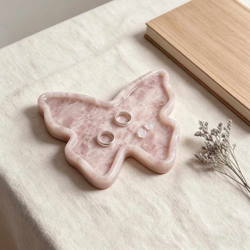 Natural Marble Tray Butterfly Shape Vanity Trays, Jewelry Trays Holder Dish for Bathroom Countertop Home Decor Gift L Pink