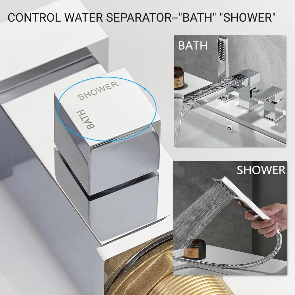 Waterfall Bathtub Faucet with Sprayer, 3-Hole Roman Tub Filler with Hand Shower Deck Mount Waterfall Tub Spout Set Chrome