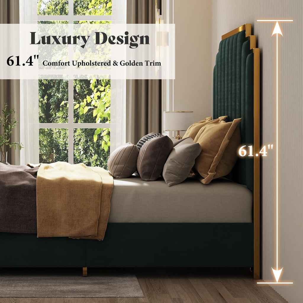 AMERLIFE Queen Size Upholstered Bed, Modern Velvet Bed Frame with 61.4' Tall Gold Trim Headboard, No Box Spring Needed, Green