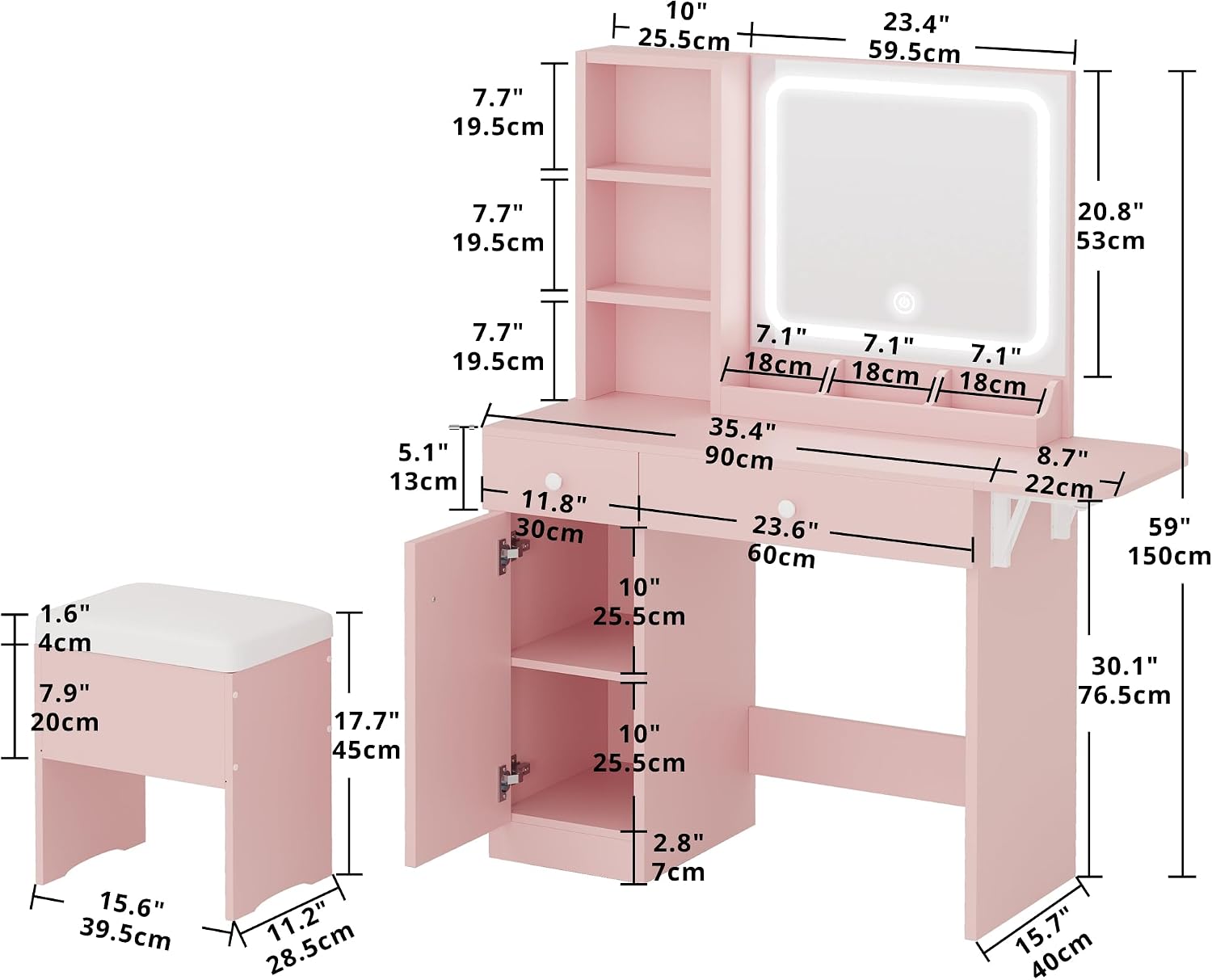 IRONCK Vanity Desk with LED Lighted Mirror & Power Outlet, Makeup Table with Drawers & Cabinet,Storage Stool,for Bedroom, Pink
