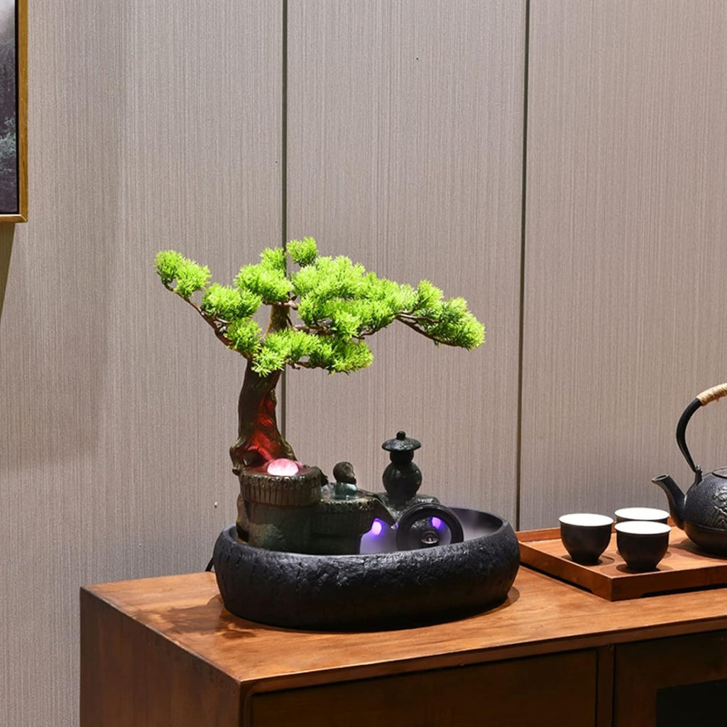 Desktop Fountain Ceramic Tabletop Fountain Artificial Bonsai Design Water Features Relaxation Waterfall Table Ornaments for Home Living Room Office Decoration(Black)