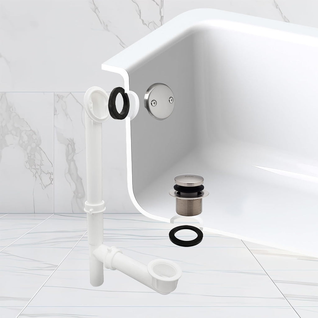 Westbrass 593244-4-07 14' x 1-1/2' White Tubular Bathtub Waste & Overflow Assembly with Tip-Toe Drain Plug and 2-Hole Faceplate, Satin Nickel (4-Pack)