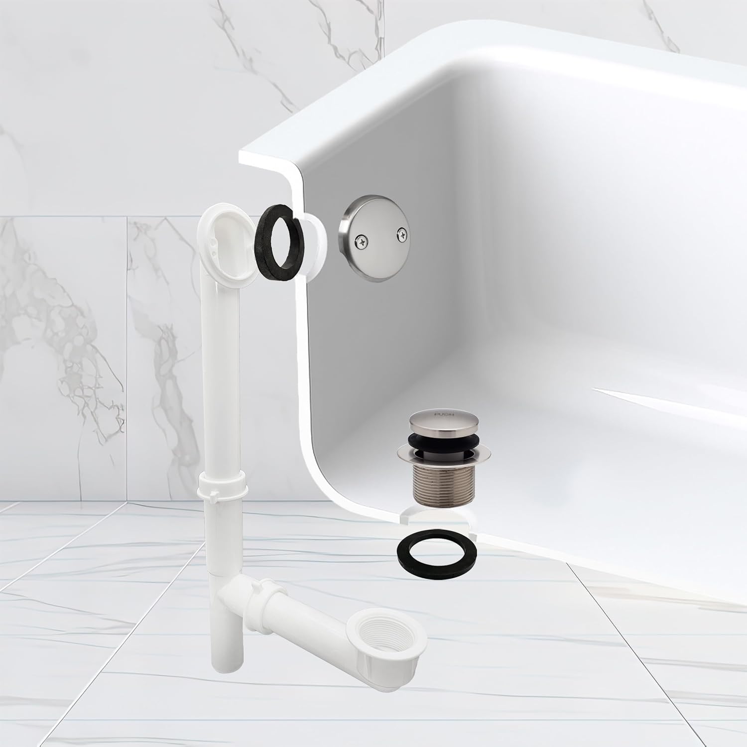 Westbrass 593244-4-07 14' x 1-1/2' White Tubular Bathtub Waste & Overflow Assembly with Tip-Toe Drain Plug and 2-Hole Faceplate, Satin Nickel (4-Pack)