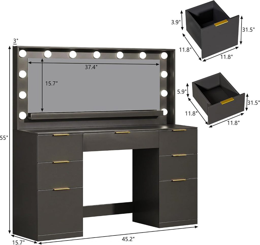 ALEXNUTRE Vanity Desk with Mirror and Lights, 45.3in Makeup Vanity with 7 Drawers & Large Mirror, Vanity with 3-Color Adjustable Lighting & Charging Station, Make Up Vanity for Bedroom