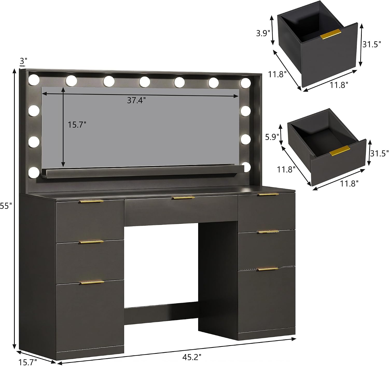 ALEXNUTRE Vanity Desk with Mirror and Lights, 45.3in Makeup Vanity with 7 Drawers & Large Mirror, Vanity with 3-Color Adjustable Lighting & Charging Station, Make Up Vanity for Bedroom